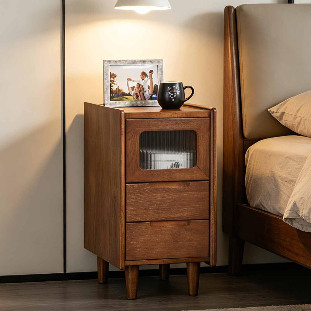Rubberwood Nightstand with Fluted Glass Door