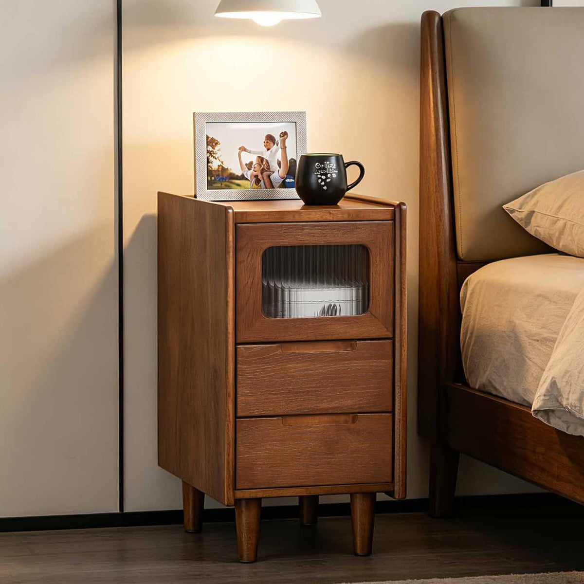 Rubberwood Nightstand with Fluted Glass Door
