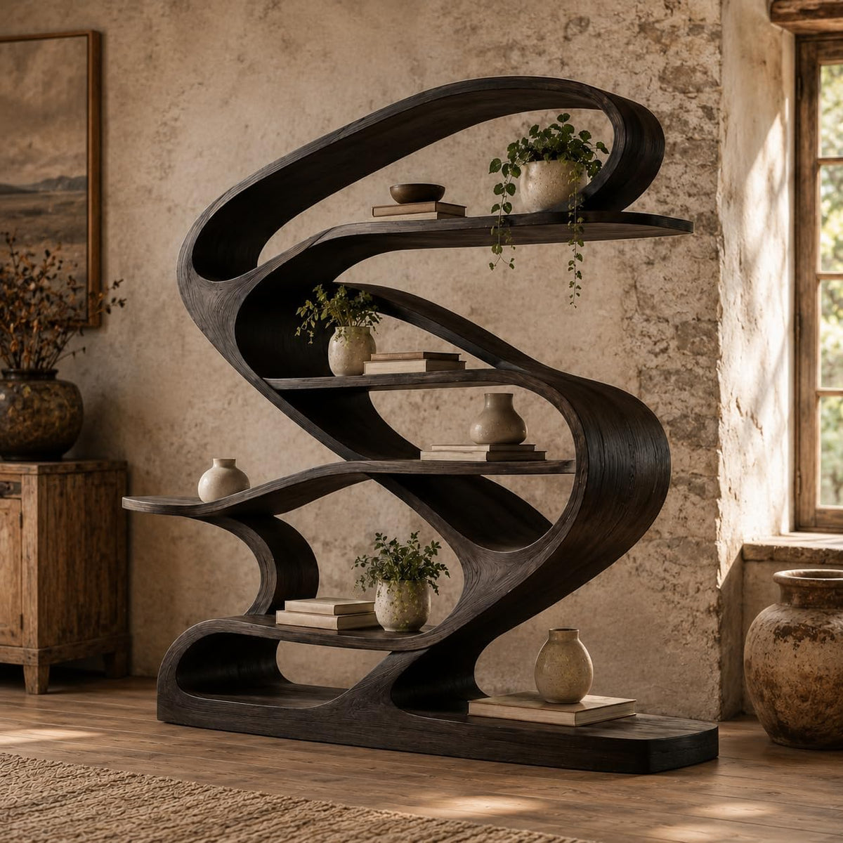 Artistic Wooden Bookshelf, Solid Wood Curved Bookcase with Open Shelves, Freestanding Display Storage for Living Room (Option 2)
