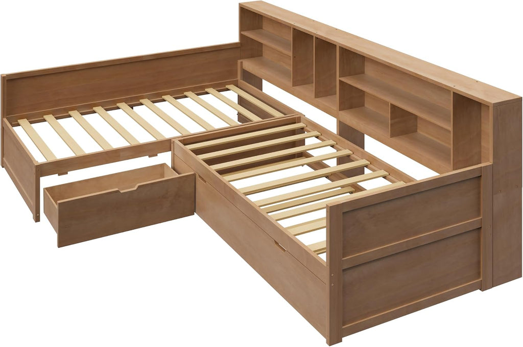 Merax Twin Wooden L-Shaped Daybed with Trundle and Storage Drawer, Seadrift