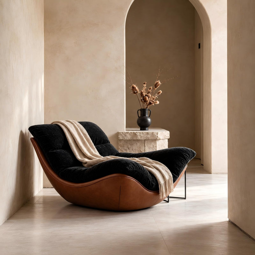 Modern Lounge Chair, Plush Fabric Lounge Chair with Faux Leather Base, Low Profile Lazy Sofa Chair, Ergonomic Curved Upholstered Chair for Living Room, Bedroom, Reading Nook, No Assembly Required