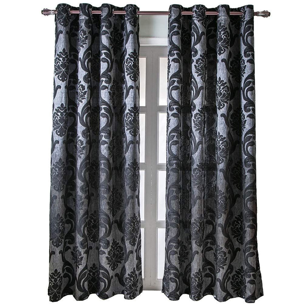 Brown Damask Grommet Curtains, Set of Two