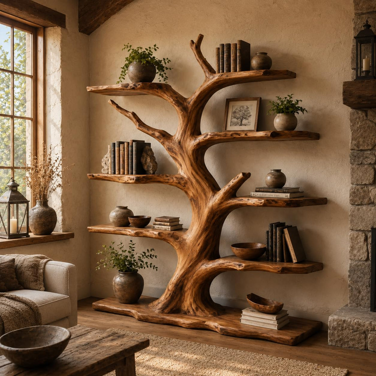 Tree Bookshelf, Handcrafted Natural Wood Tree Branch Wall Bookcase, Sculptural Floating Shelves for Living Room, Study and Home Library, Driftwood Decor