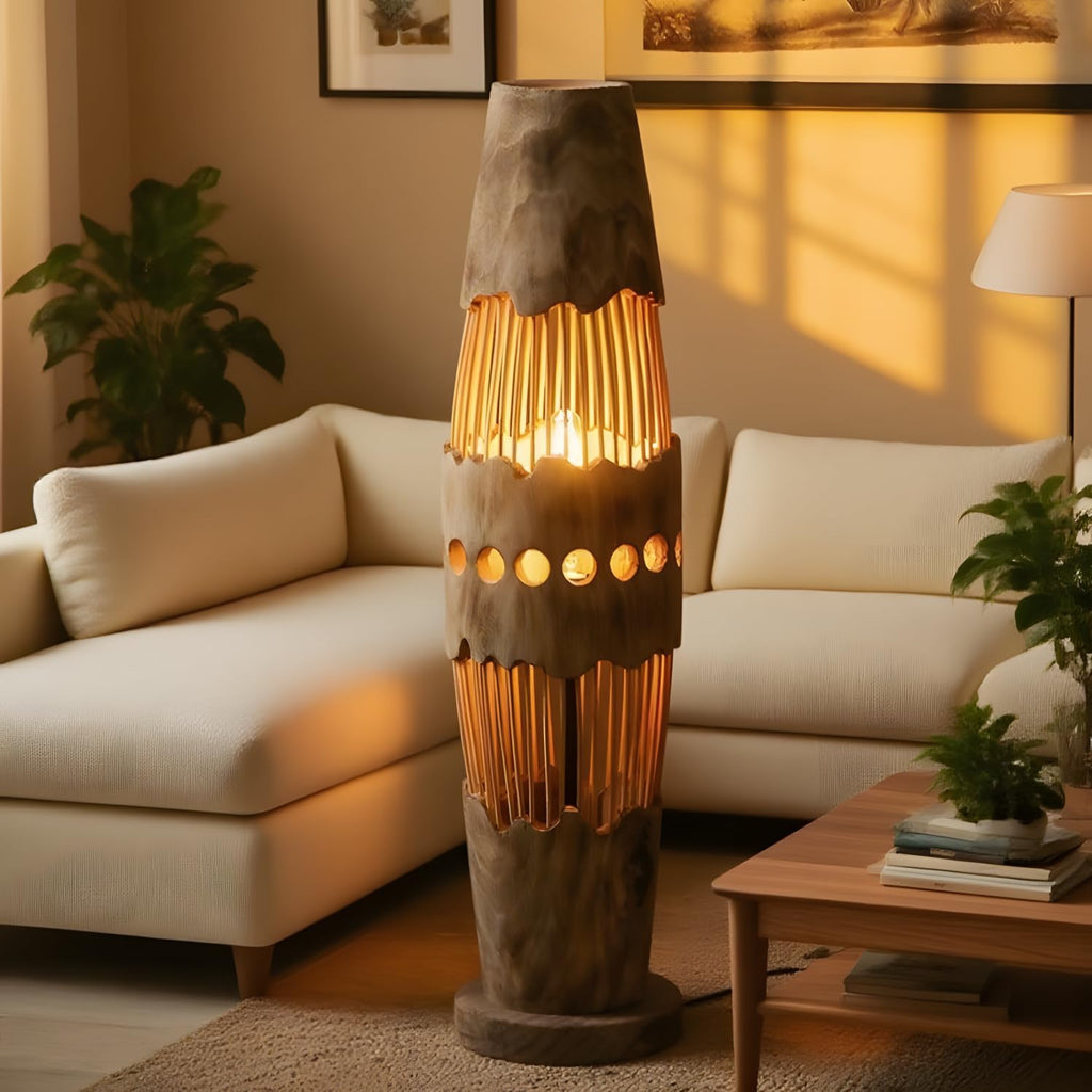 34.64" Mid Century Boho Farmhouse Wood Floor Lamp with Bamboo Shade