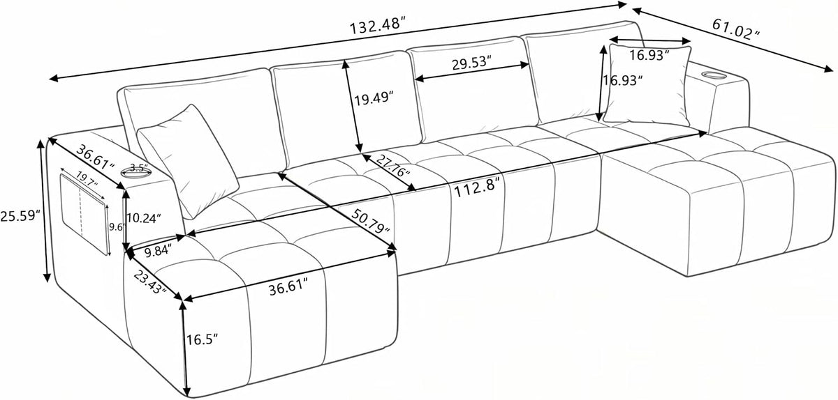 132" U-Shaped Sectional Couch Chenille Cloud Modular Sectional Sofa