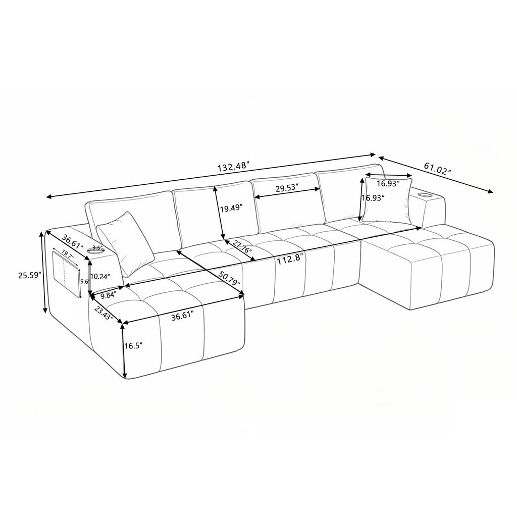 132" U-Shaped Sectional Couch Chenille Cloud Modular Sectional Sofa