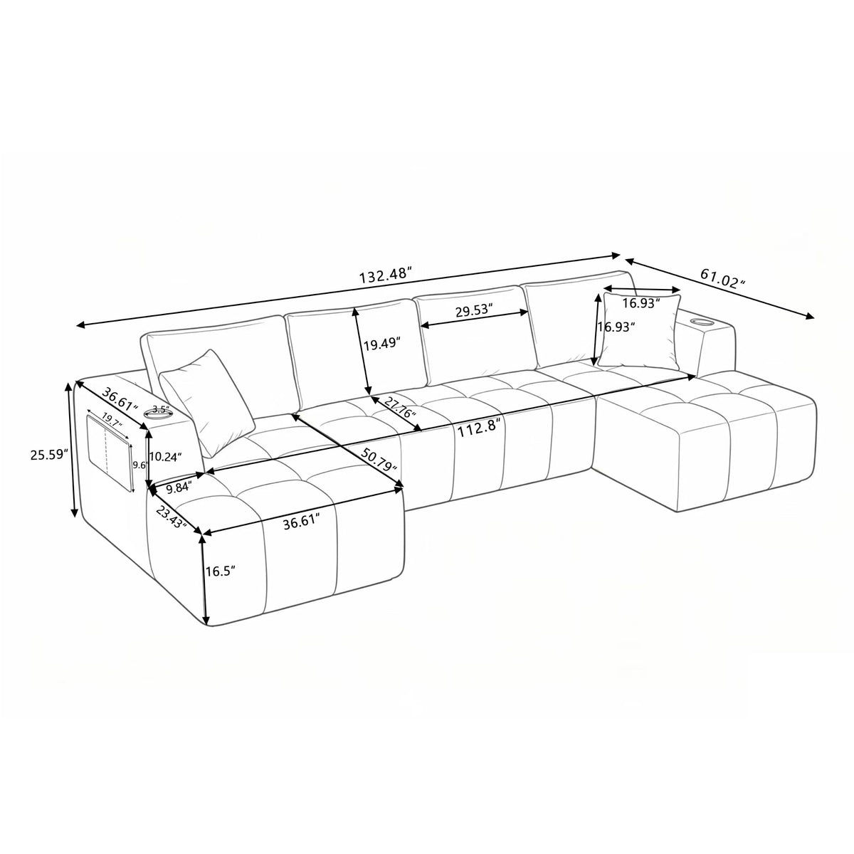 132" U-Shaped Sectional Couch Chenille Cloud Modular Sectional Sofa
