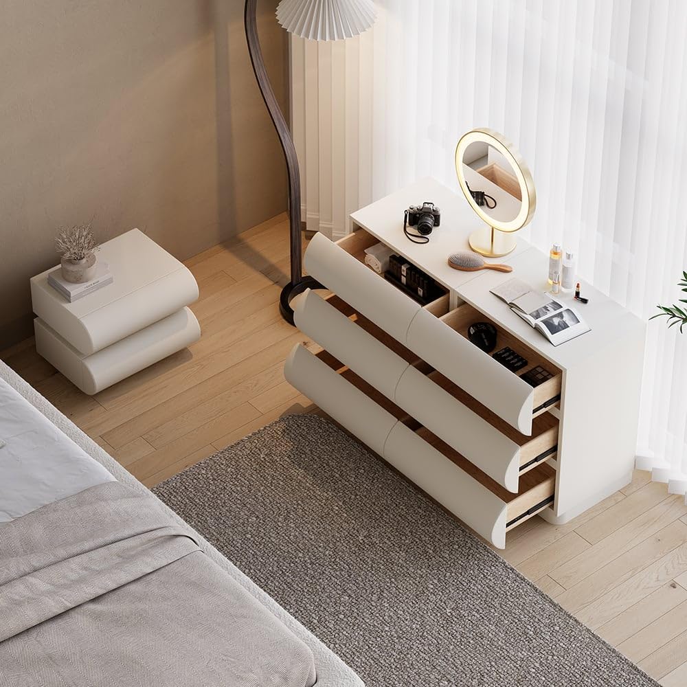 White Faux-Leather Six-Drawer Dresser