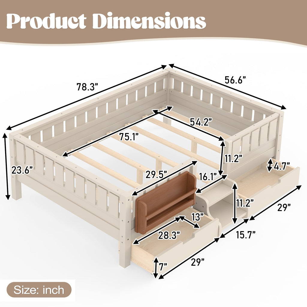 Montessori Bed with Stairs, Bookshelf & Storage Drawers