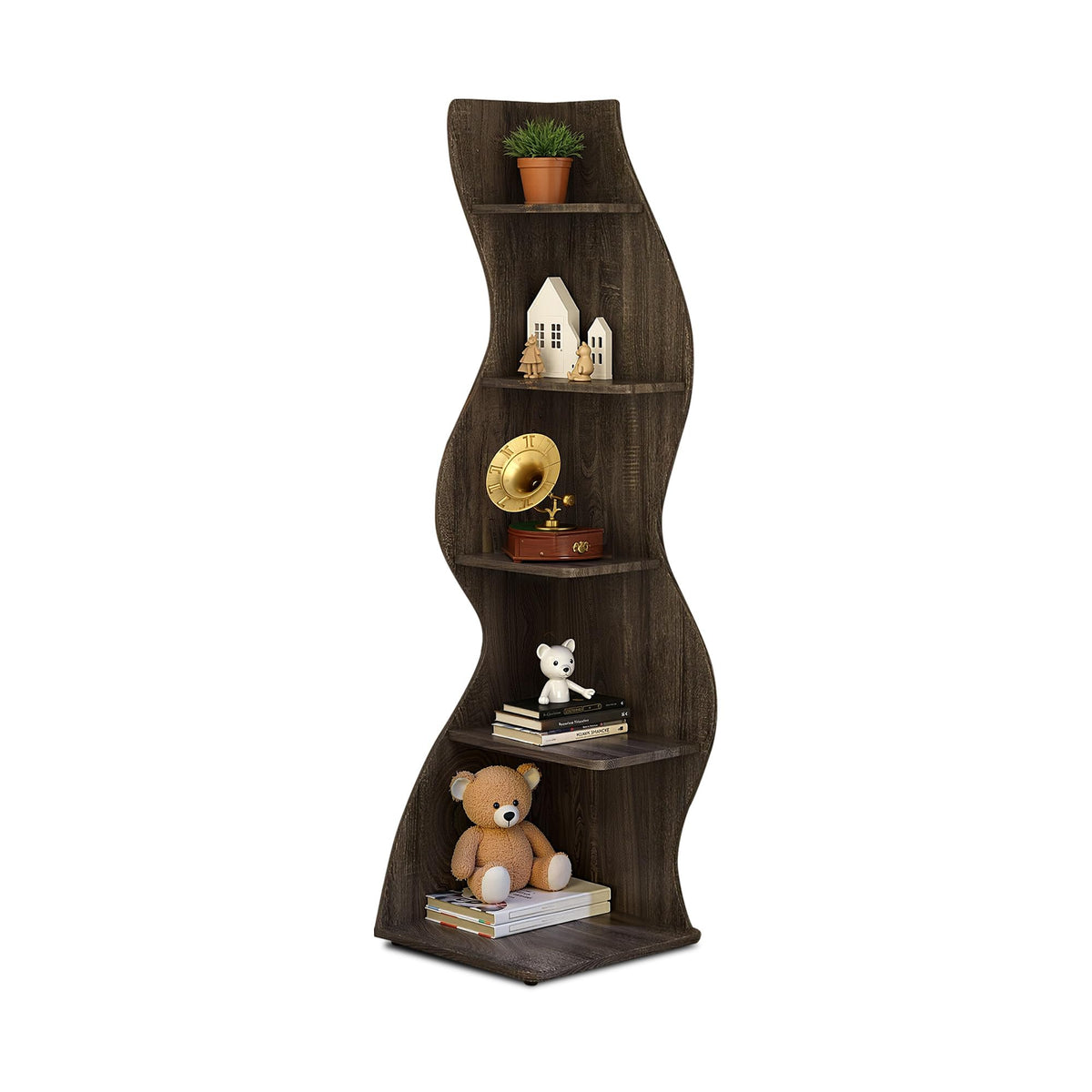 Bookcase Freestanding 71.3" Modern Book Case Display Shelf Tall Bookshelf with S-Shaped Pattern for Bedroom, Home Office, and Living Room, Black