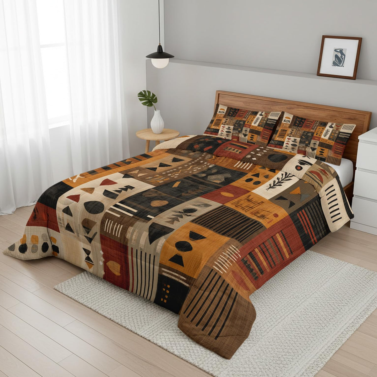 Patchwork Geometric Queen Size Comforter Sets 3 Piece