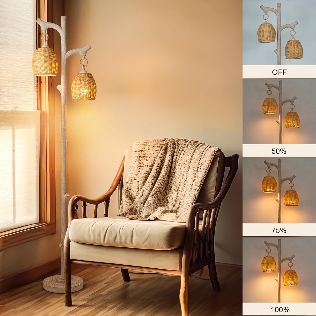 Scenekoy Vintage 68” Tall Resin Floor Lamp with Straw Rope Woven Shade