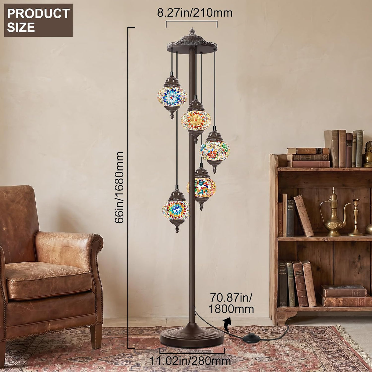 Turkish Mosaic Floor Lamp, 5 Globes Moroccan Lamp Stained Glass