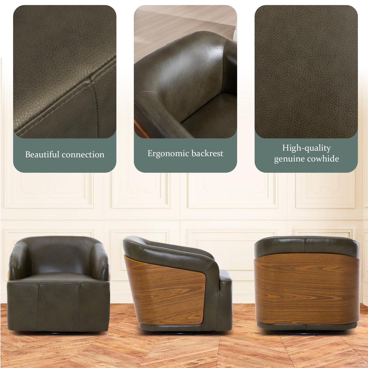 Swivel Accent Chair Faux Leather Boucle Swivel Barrel Chair Comfortable Mid Century