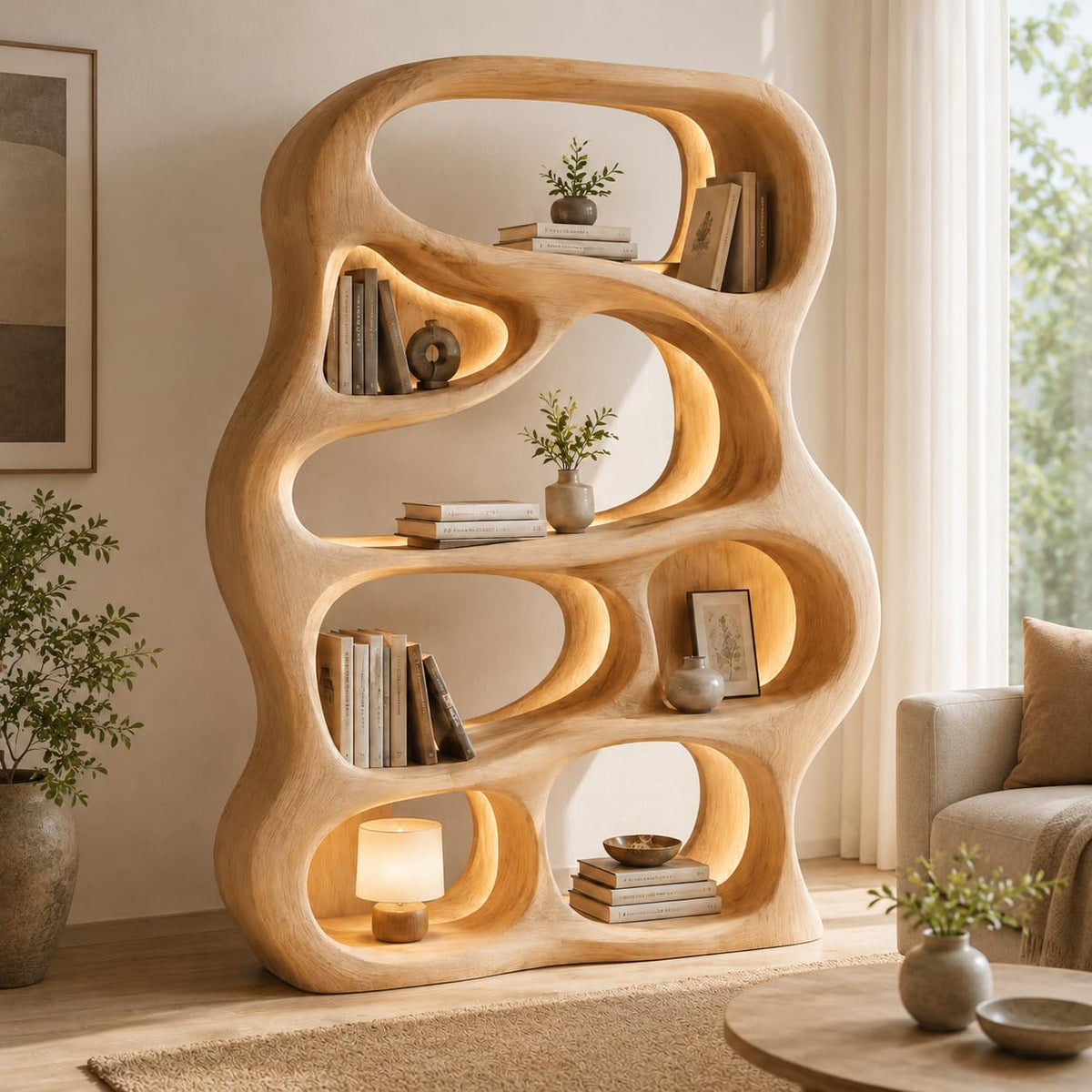 Solid Wood Bookshelf, Organic Curved Freestanding Bookcase for Living Room Decor, Sculptural Display Shelf Room Divider, Multiple Sizes & Finishes (Option 3)