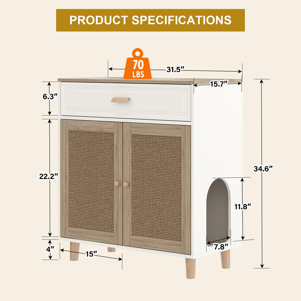 Cat Litter Box Enclosure Furniture Hidden Indoor 2-in-1 Wooden Cat & Washroom Cabinet with Scratching Board Doors and 3 Drawer for 2 Cats, 55"x20"x24"H