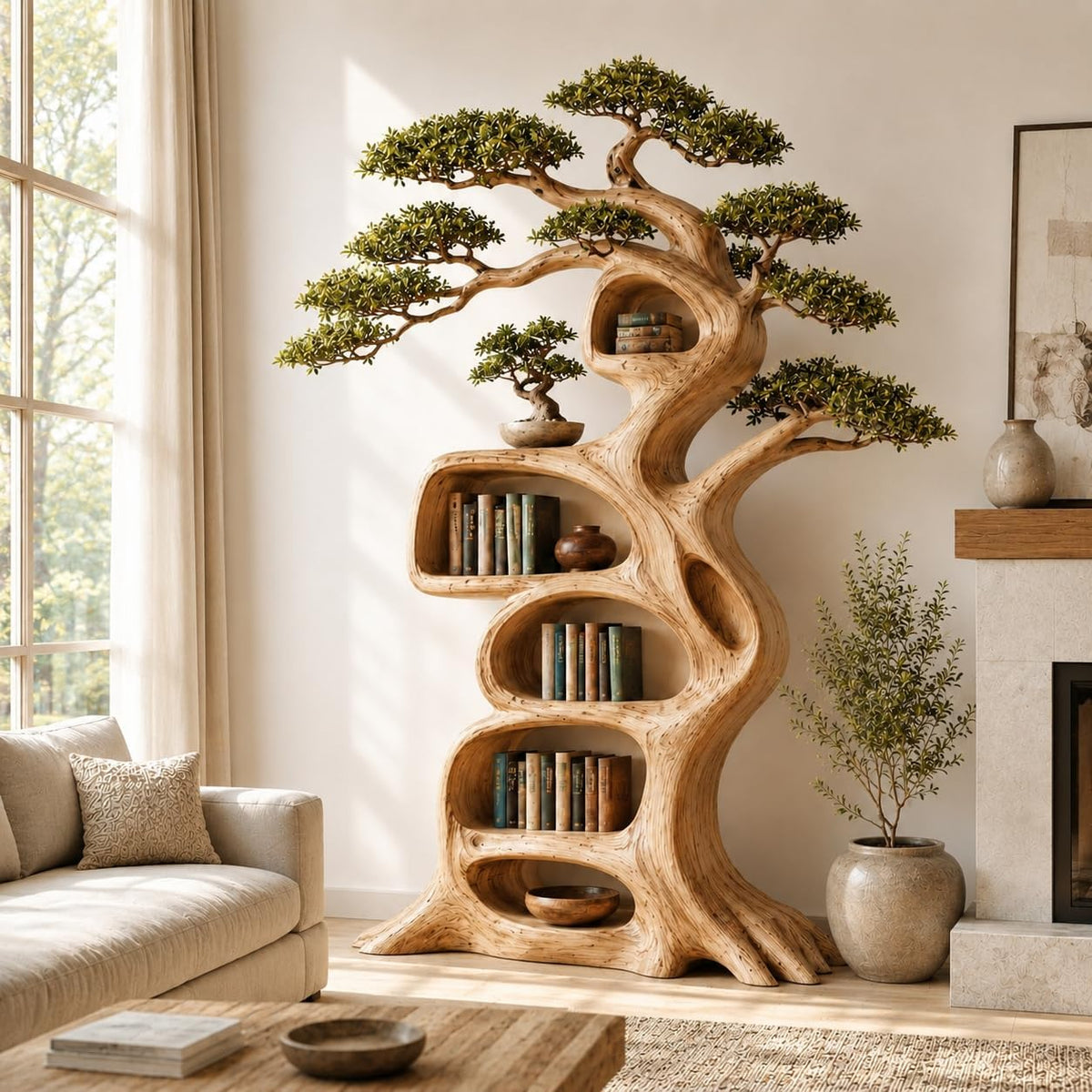 Rustic Tree Bookshelf, Solid Wood 70" H x 60" W Nature Inspired Bookcase with Open Shelves for Living Room Wall Decor (Option 4)