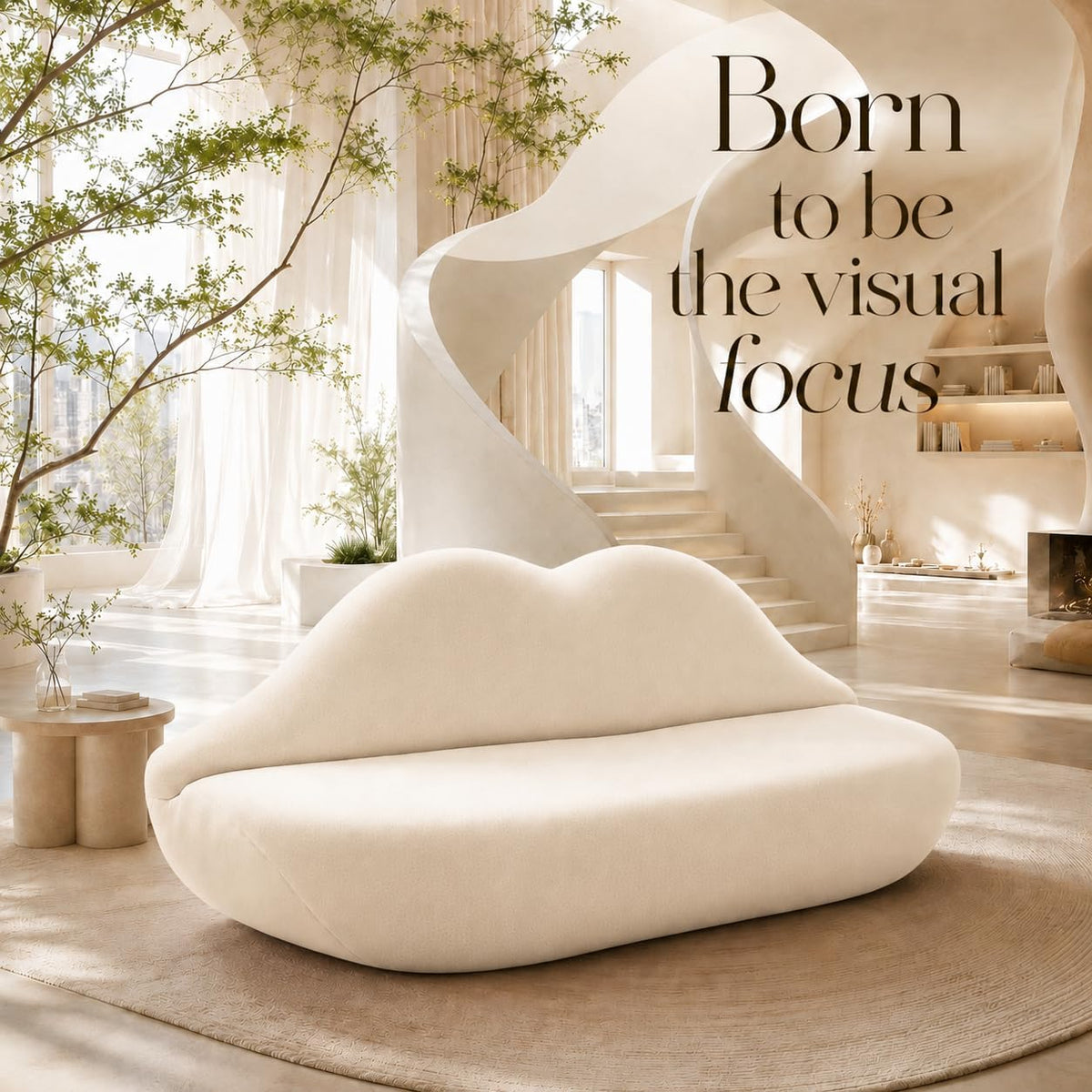Lip-Shaped Sculptural Sofa, Modern Artistic Statement Couch, Unique Curved Accent Seating for Home and Commercial Spaces.(White，78.74inches)