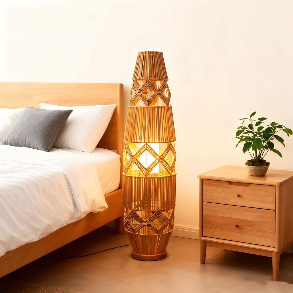 34.64" Mid Century Boho Farmhouse Wood Floor Lamp with Bamboo Shade