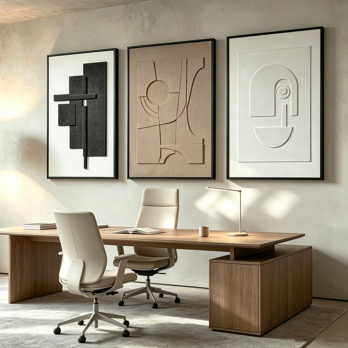Framed 3D Geometric Sandstone Wall Art – Set of 3