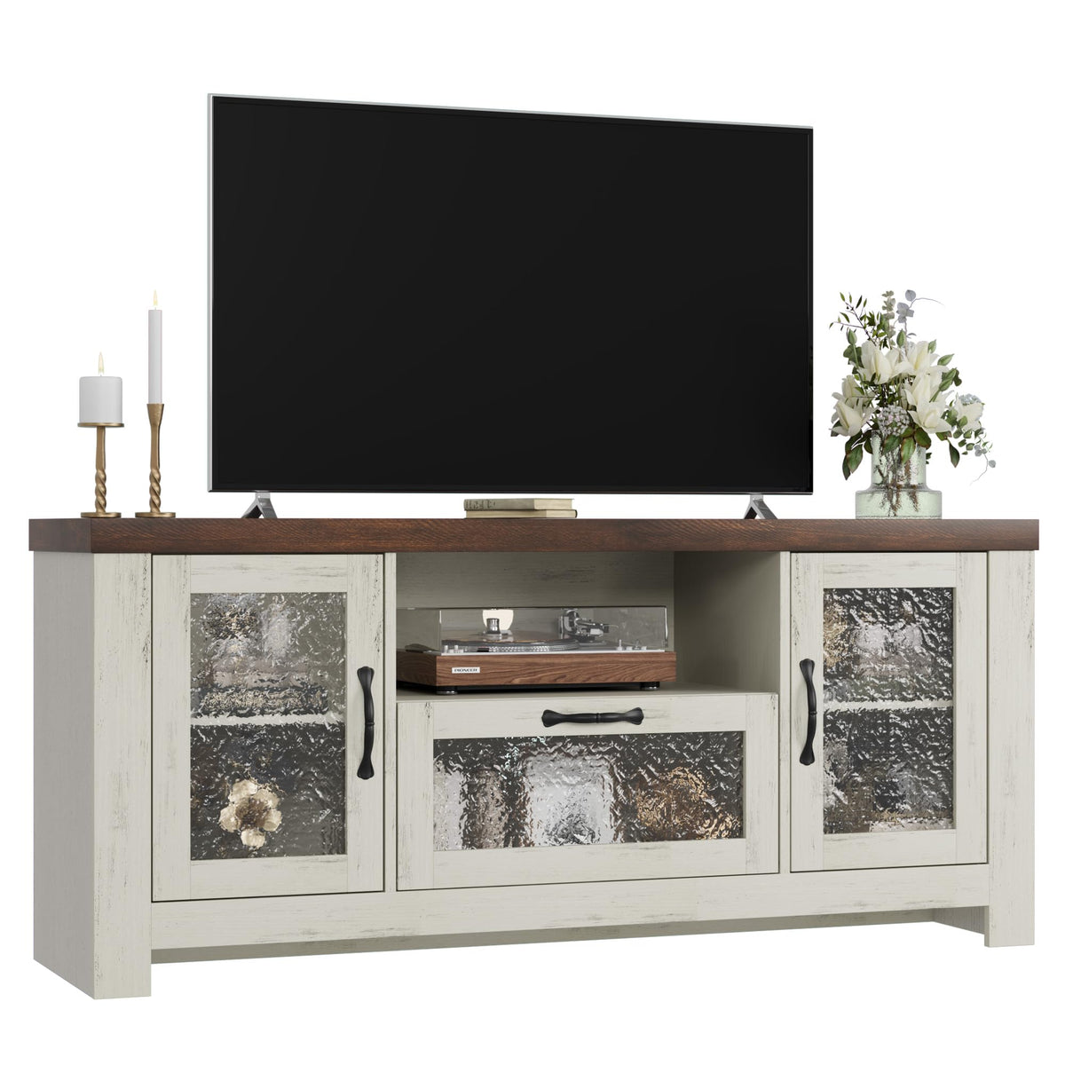 Farmhouse TV Stand with Rippled Acrylic Doors