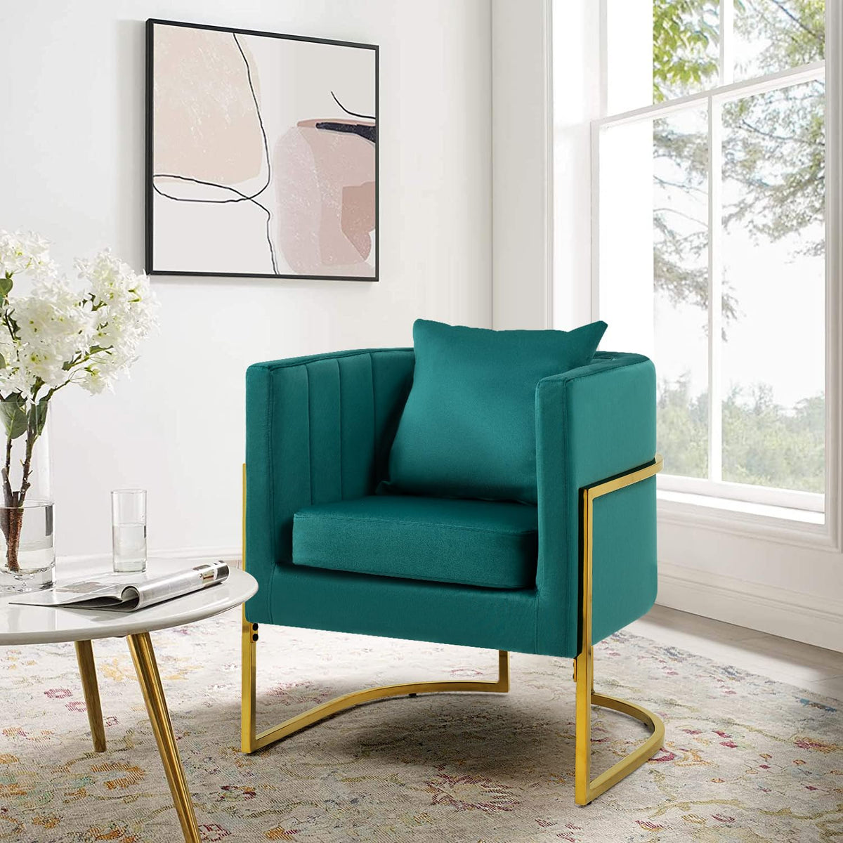 Velvet Barrel Accent Chair with Pillow