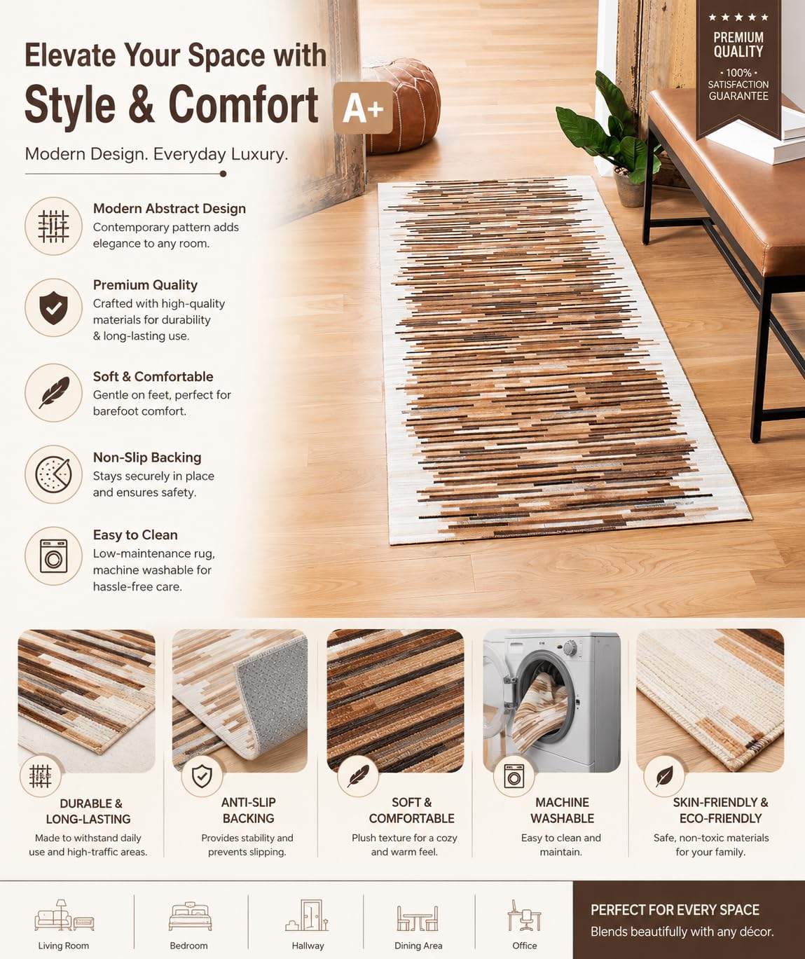 Beige Cowhide Patchwork Rug – Handmade Linear Leather Area Rug – Modern