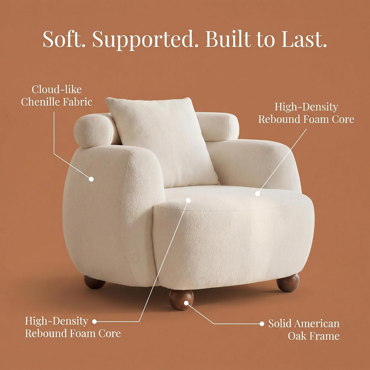 Compact 38in Solid American White Oak Fabric Nordic Style Lazy Chair Pillow for Living Room Home Office Relaxation