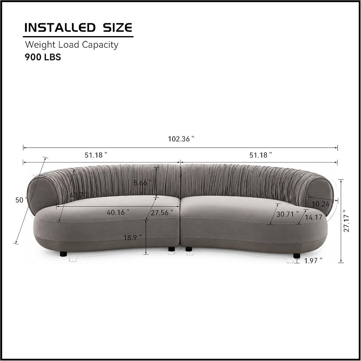 102.36" Curved Sectional Sofa, Gray Velvet 4-Seat Couch