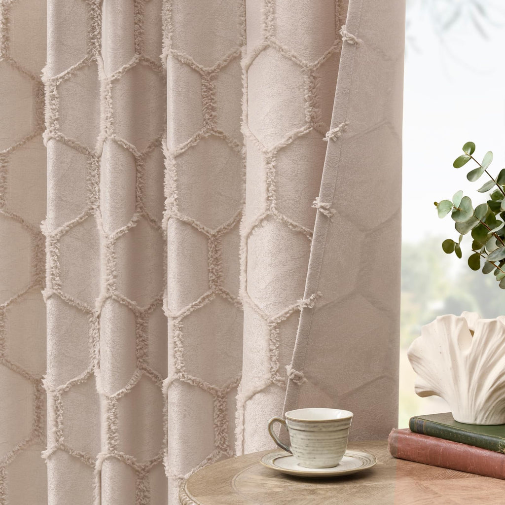Cream Beige Geometric Jacquard Curtains, Set of Two