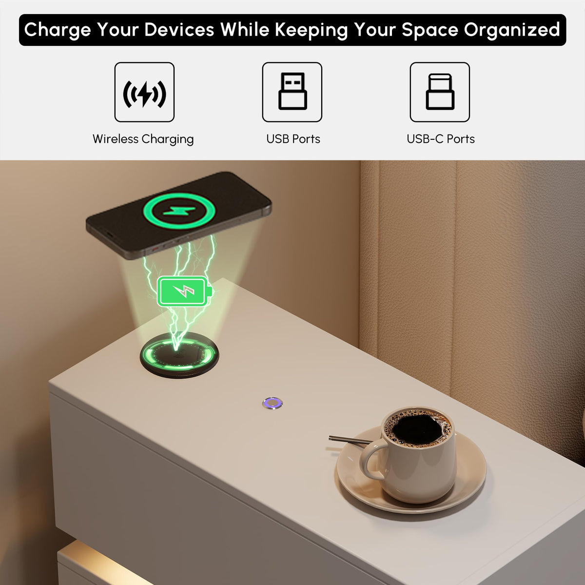 Narrow Smart Nightstand with Wireless Charging