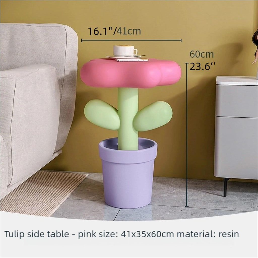 Tulip Flower Pot Resin Side Table, Modern Small Coffee Table for Living Room, Sofa End Table for Bedroom, Balcony Decor Furniture(Yellow)