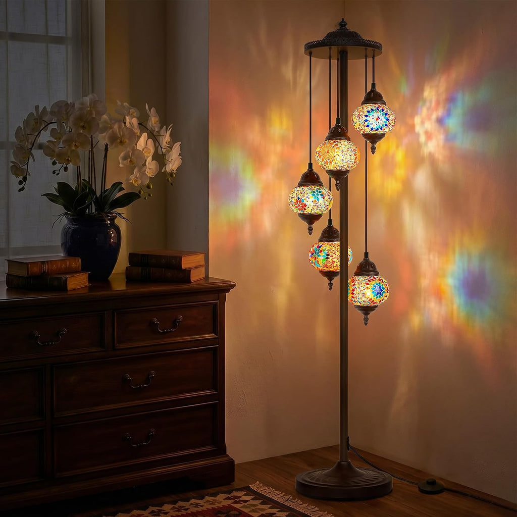 Turkish Mosaic Floor Lamp, 5 Globes Moroccan Lamp Stained Glass