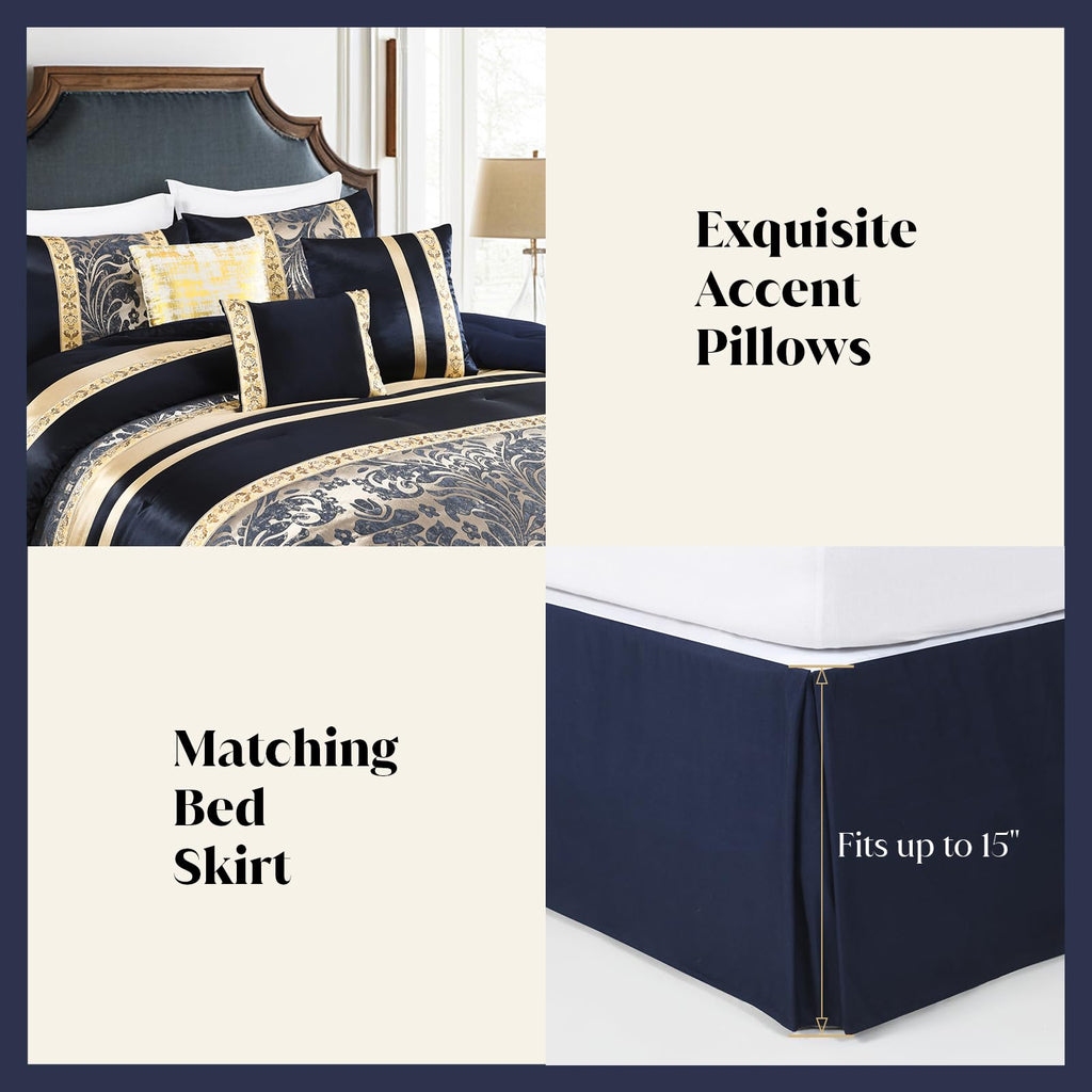 CozyDH Black Gold Jacquard Comforter Set California King, 7PCS Bed in a Bag