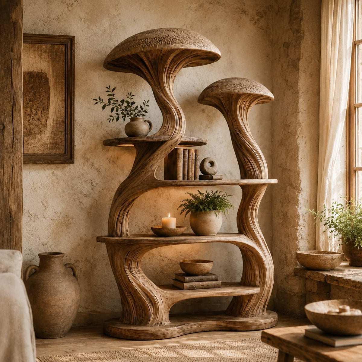 Mushroom Tree Bookshelf, Wooden Nature Inspired 50" W x 60" H Fantasy Bookcase with Tiered Display Shelves for Living Room Decor (Option 1)