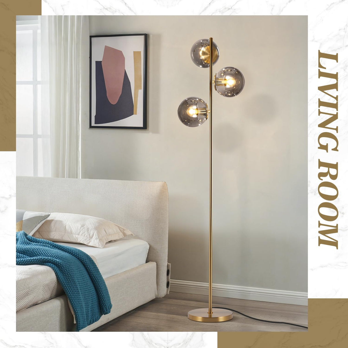 BOKT Gold 5-Light 67'' Tall Floor Lamp Smoked Glass Globes Standing Lamp
