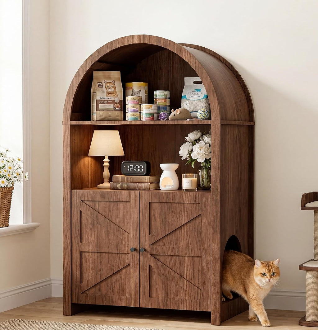 Cat Litter Box Enclosure Furniture with Doors and 2 Open Cubby Large Hidden Litter Box Cabinet Modern Wood Cat Washroom Pet House for Living Room Bedroom Entryway Hallway
