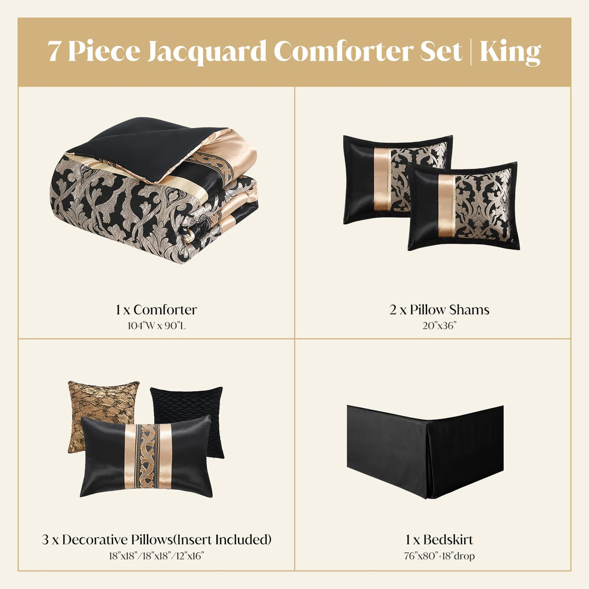 CozyDH Black Gold Jacquard Comforter Set California King, 7PCS Bed in a Bag