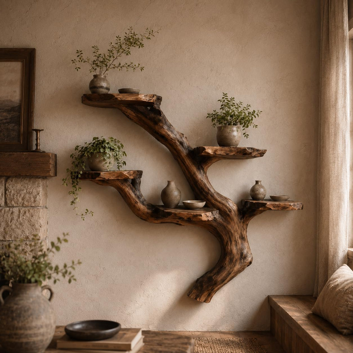 Wall Mounted Tree Bookshelf, Solid Wood Branch Floating Shelf, Rustic Driftwood Style Plant Display & Book Shelf for Boho Farmhouse Living Room Wall Decor (Option 5)