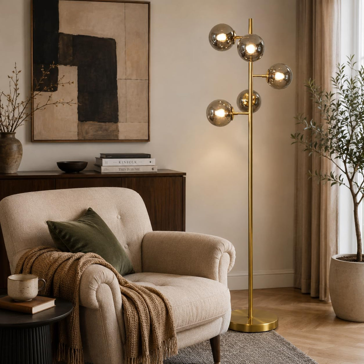 BOKT Gold 5-Light 67'' Tall Floor Lamp Smoked Glass Globes Standing Lamp