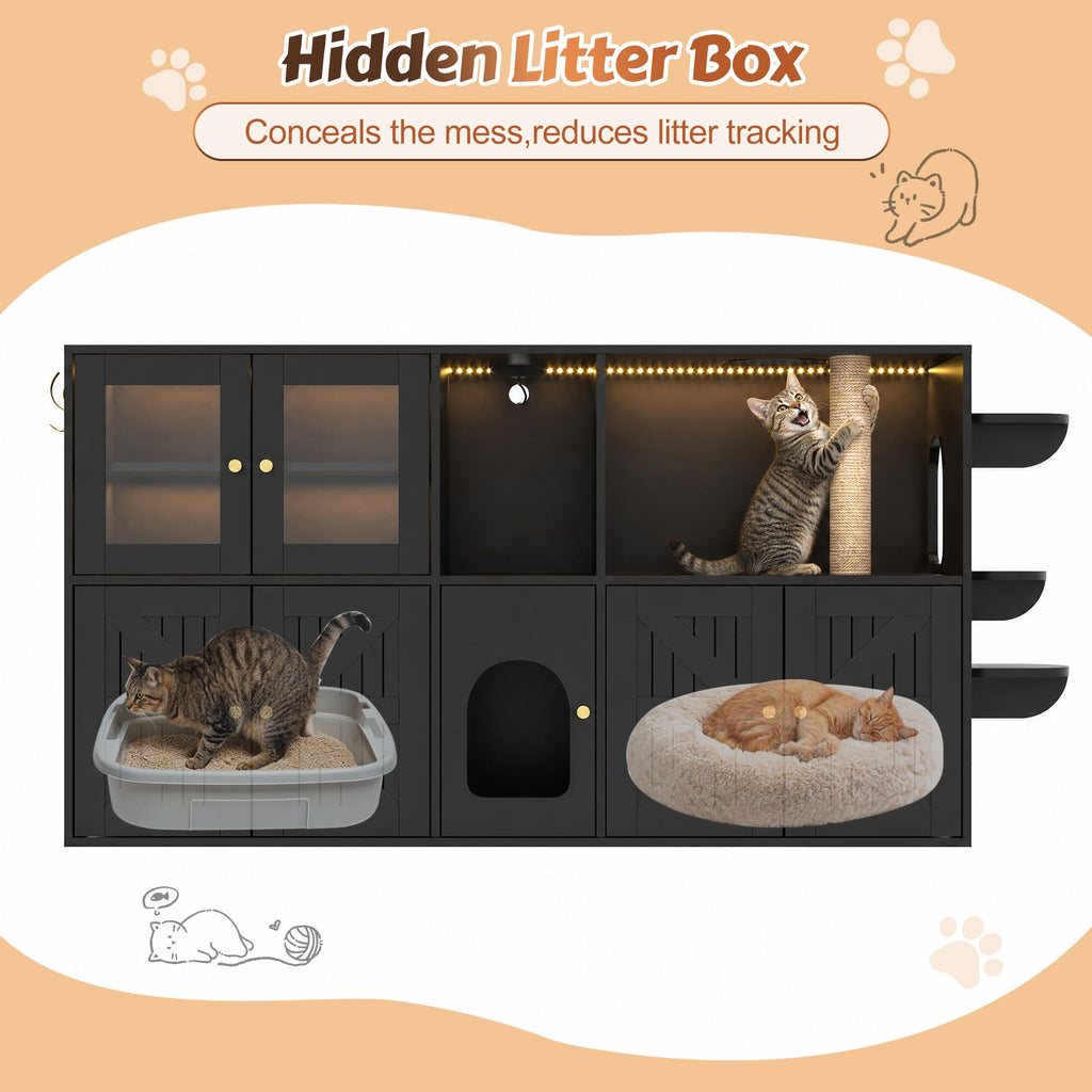 39.4 Inch 3-Tier Hidden Litter Box Furniture, Black/Brown
