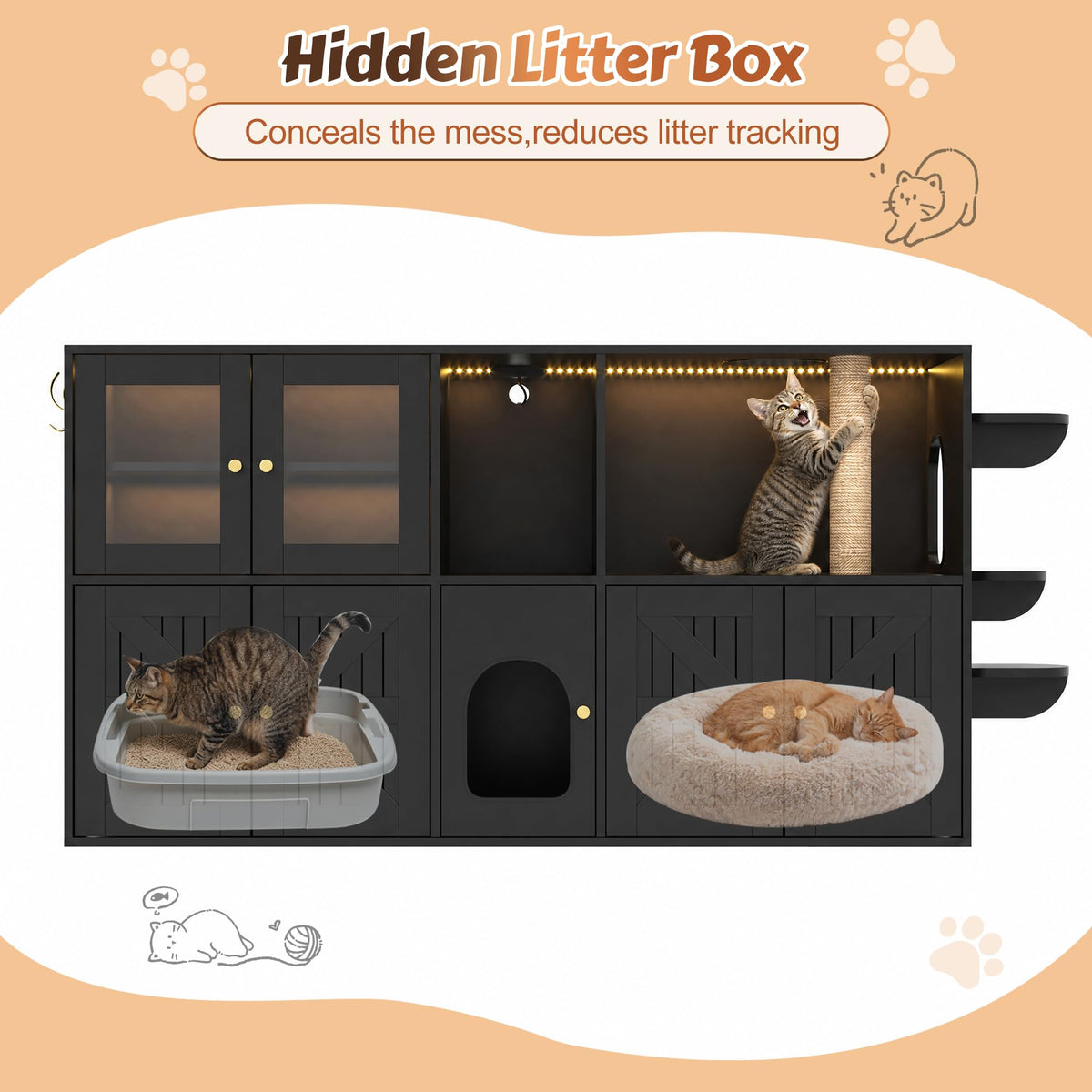 39.4 Inch 3-Tier Hidden Litter Box Furniture, Black/Brown