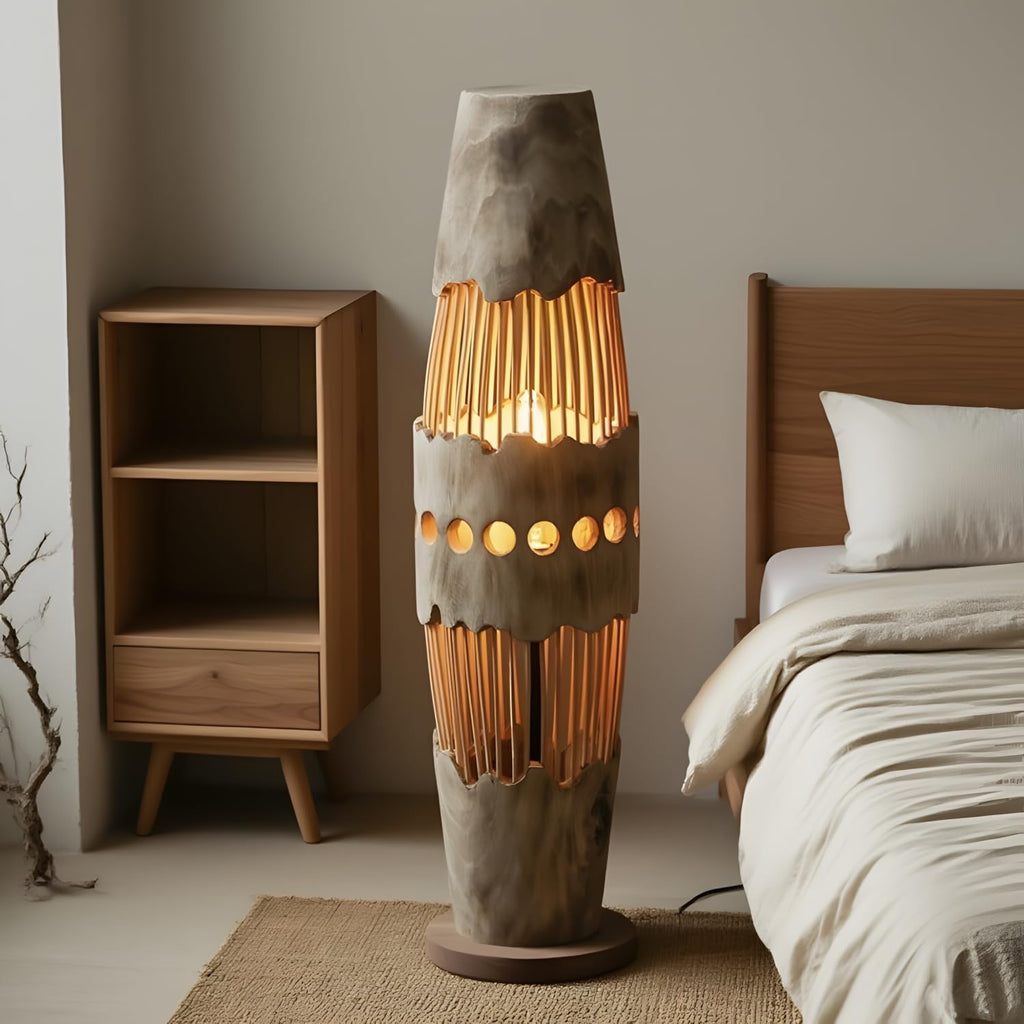 34.64" Mid Century Boho Farmhouse Wood Floor Lamp with Bamboo Shade