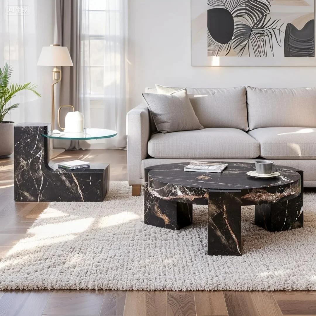 Modern Coffee Table with End Table Set, 30 Inch Combination Wooden Round Coffee Table Minimalist Center Table for Living Room, Bedroom, Office