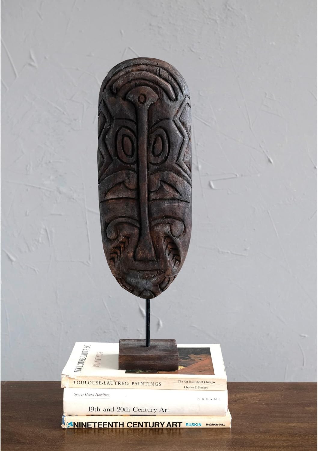 Hand-Carved Mango Wood Mask on Stand, Dark Finish