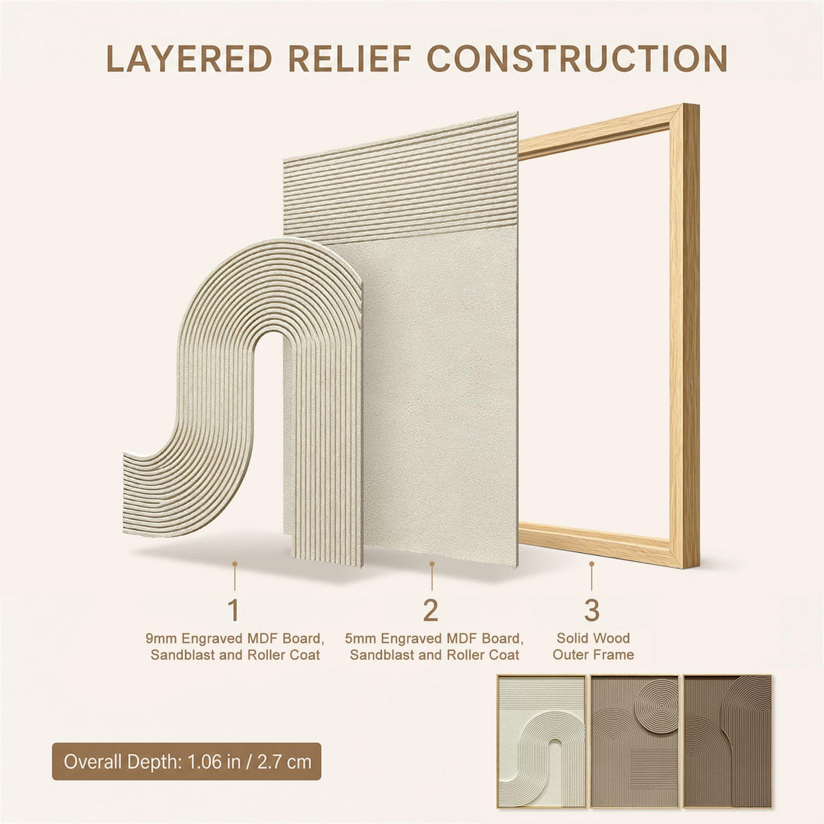 Abstract Geometric Relief Wall Art – Framed Triptych