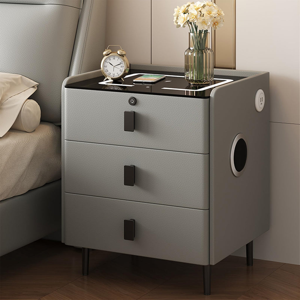 Smart Nightstand with Bluetooth Speaker,Led Nightstands with 3-Drawers and USB-Port,Fingerprint Lock Smart Side Table,3-Colors Lighting Bedside Table