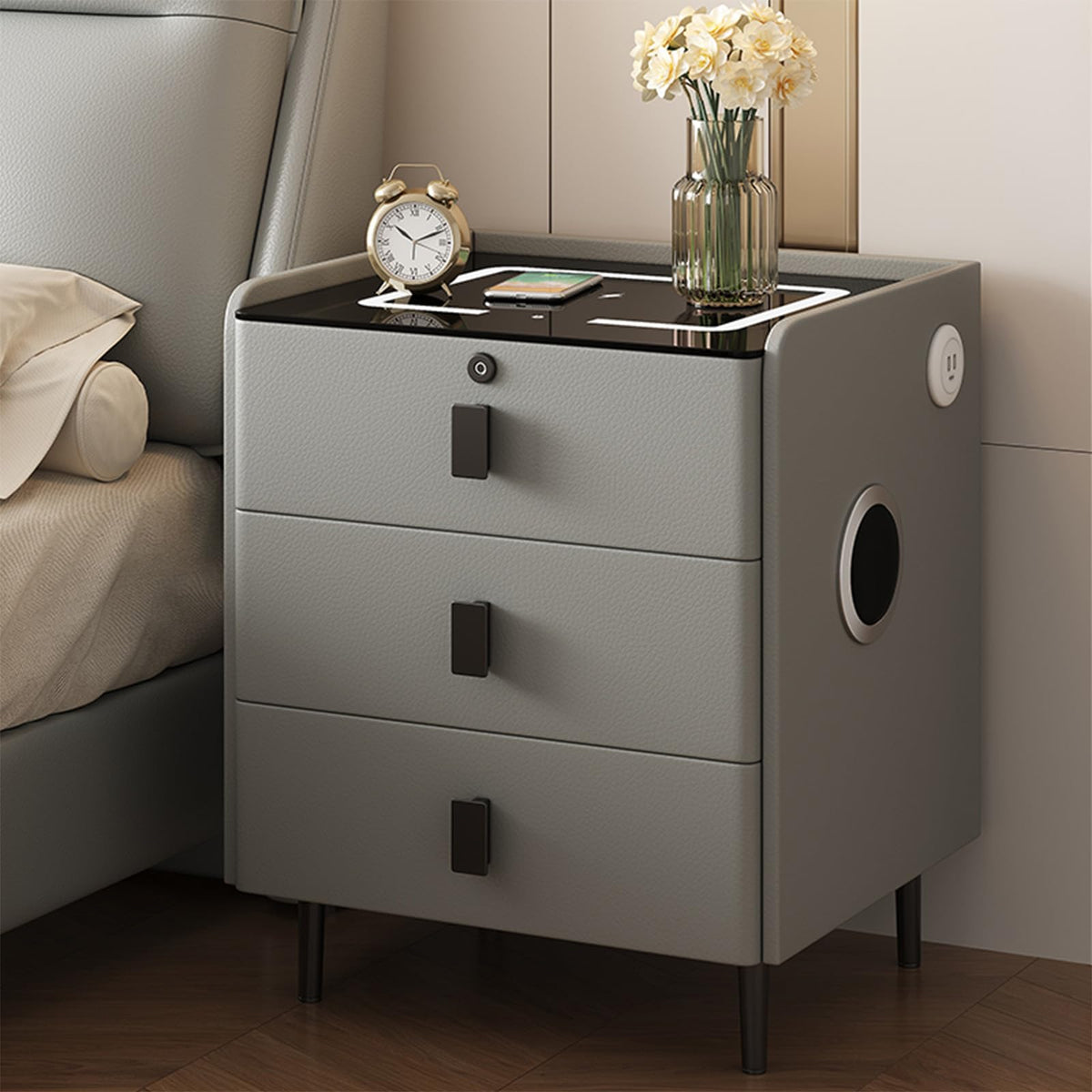 Smart Nightstand with Bluetooth Speaker,Led Nightstands with 3-Drawers and USB-Port,Fingerprint Lock Smart Side Table,3-Colors Lighting Bedside Table