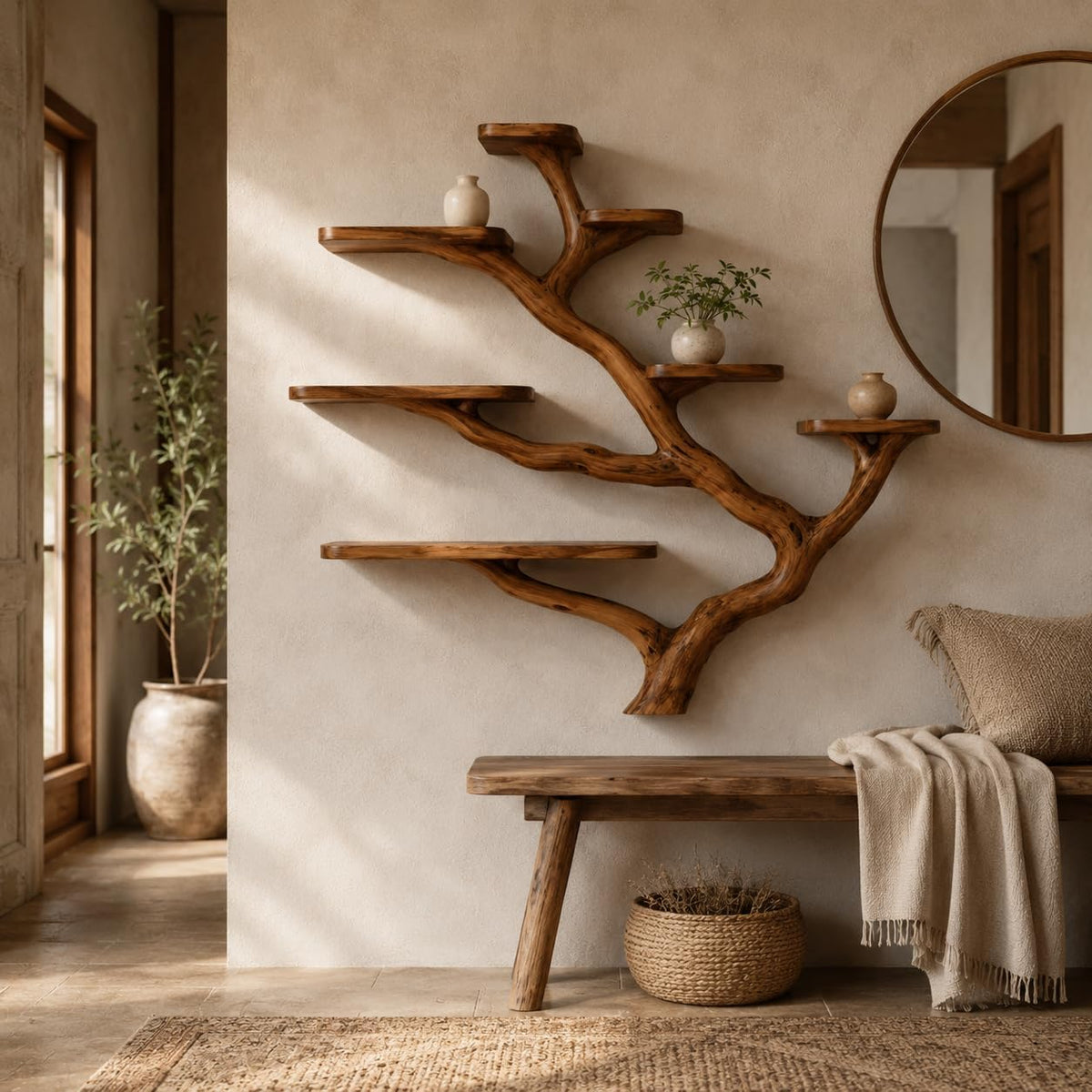 Wall Mounted Tree Bookshelf, Solid Wood Branch Floating Shelf, Rustic Driftwood Style Plant Display & Book Shelf for Boho Farmhouse Living Room Wall Decor (Option 5)