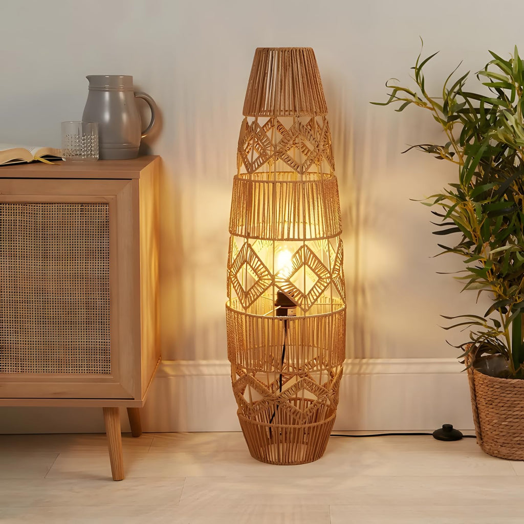 34.64" Mid Century Boho Farmhouse Wood Floor Lamp with Bamboo Shade